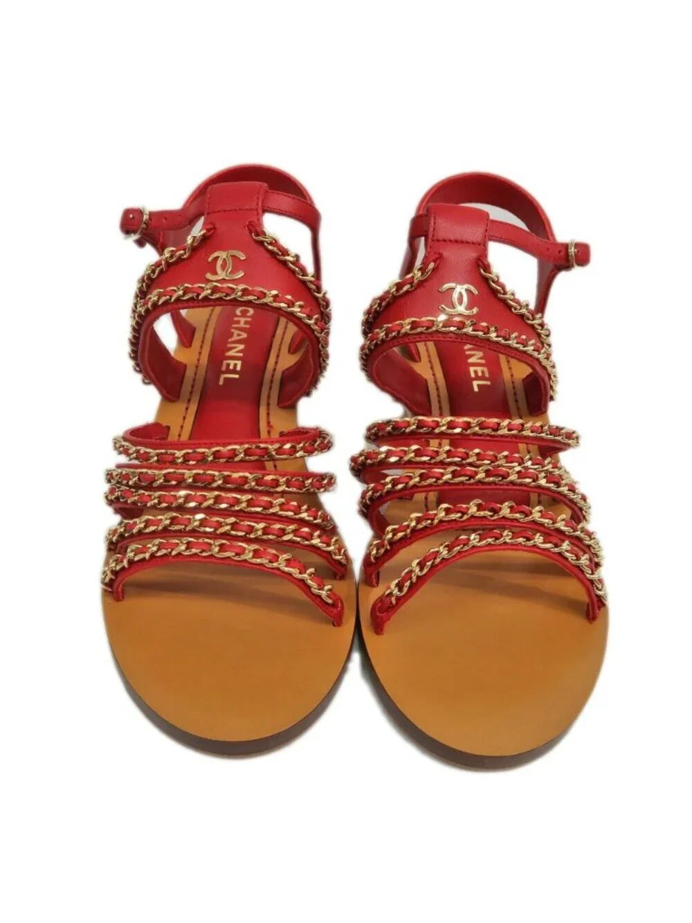 Chanel CC Logo Chain Sandals 38C Brown Red Shoes